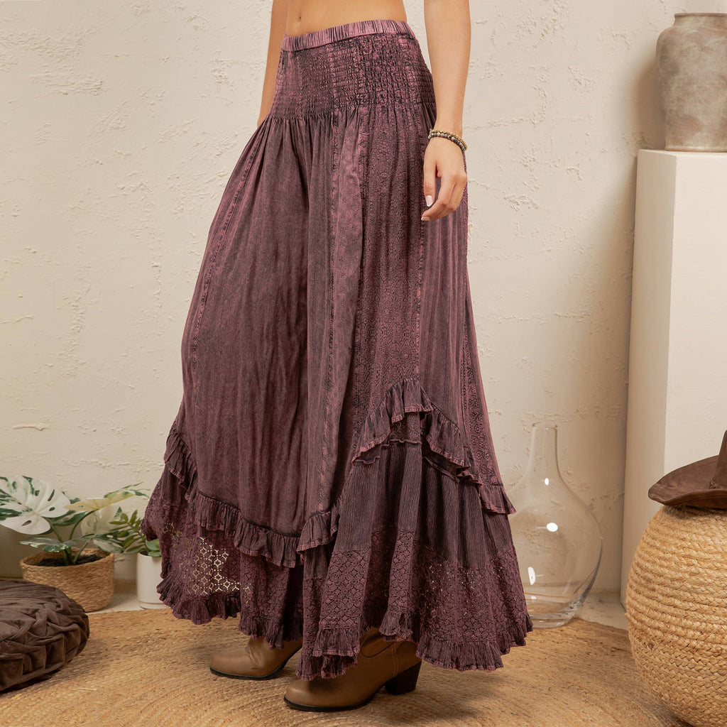 Young Threads - Boho Smocked Mineral Wash Lace Tiered Ruffle Pants NEW