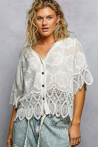 Pol Clothing - Crochet Trim Neckline Short Sleeve Jacket Top