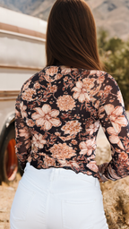 Fashion Floral Print Mesh Mock Neck Long Sleeve Top