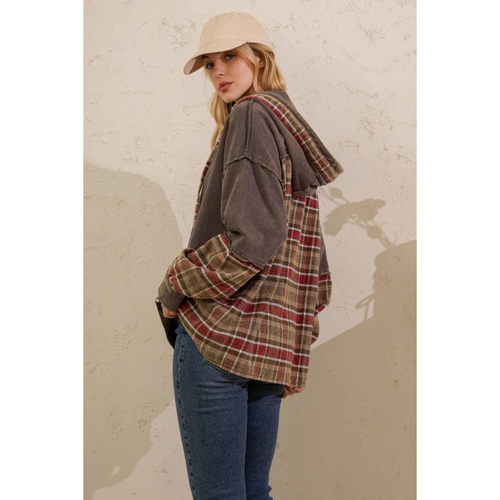 Sage + Fig - VINTAGE PLAID MIXED-MEDIA HOODIE PULLOVER