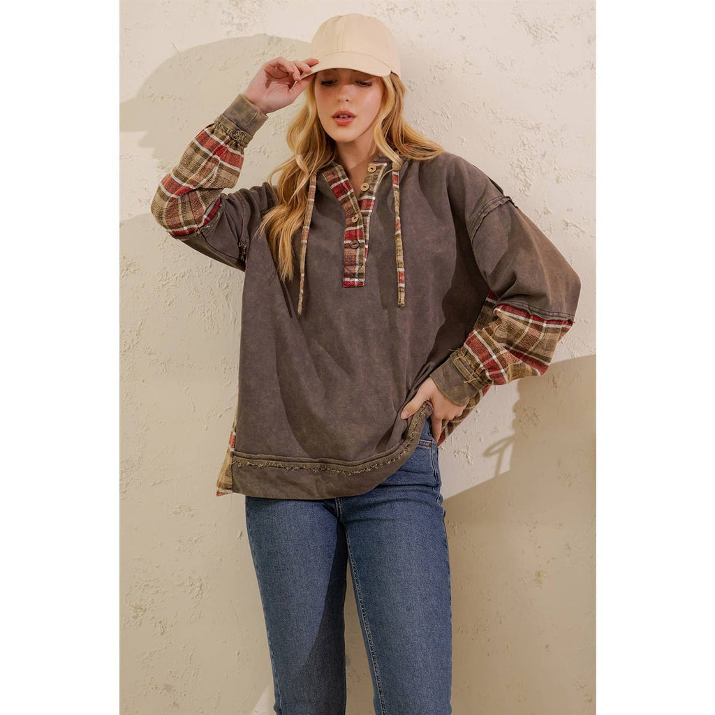Sage + Fig - VINTAGE PLAID MIXED-MEDIA HOODIE PULLOVER