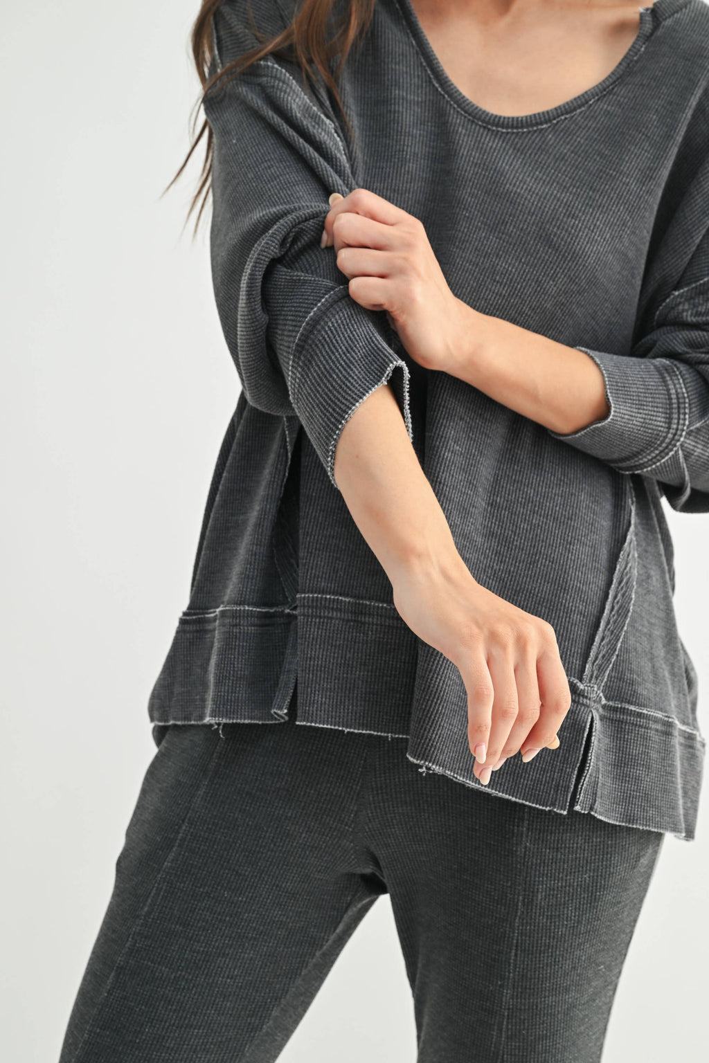 Cotton Blend Waffle Knit Oversized Long Sleeve