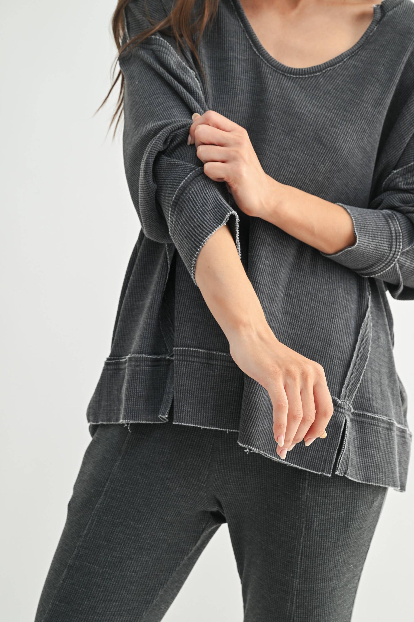 Cotton Blend Waffle Knit Oversized Long Sleeve