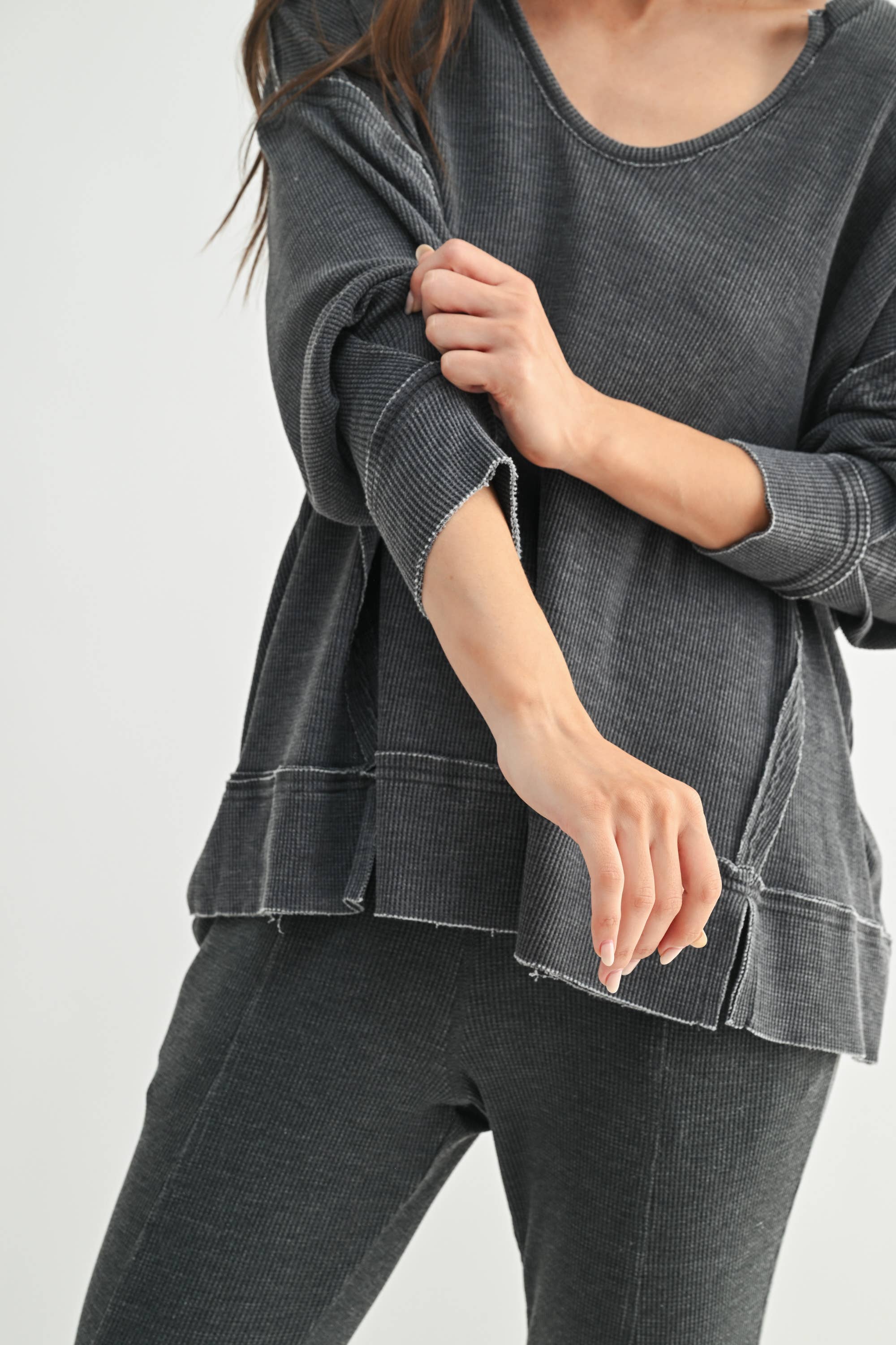 Cotton Blend Waffle Knit Oversized Long Sleeve