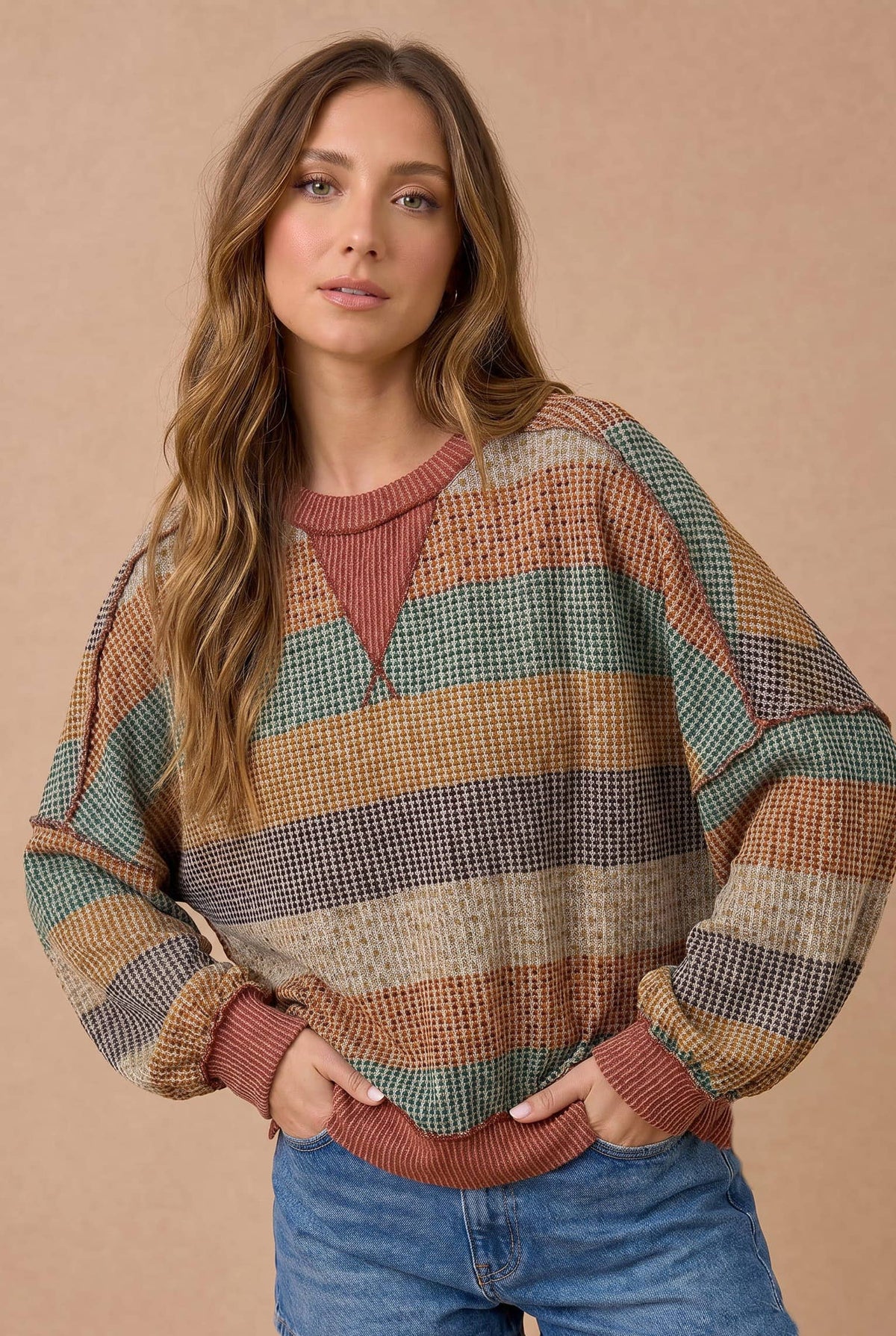 Haptics - Stripe Waffle Wave Rib Banded Hem Pullover