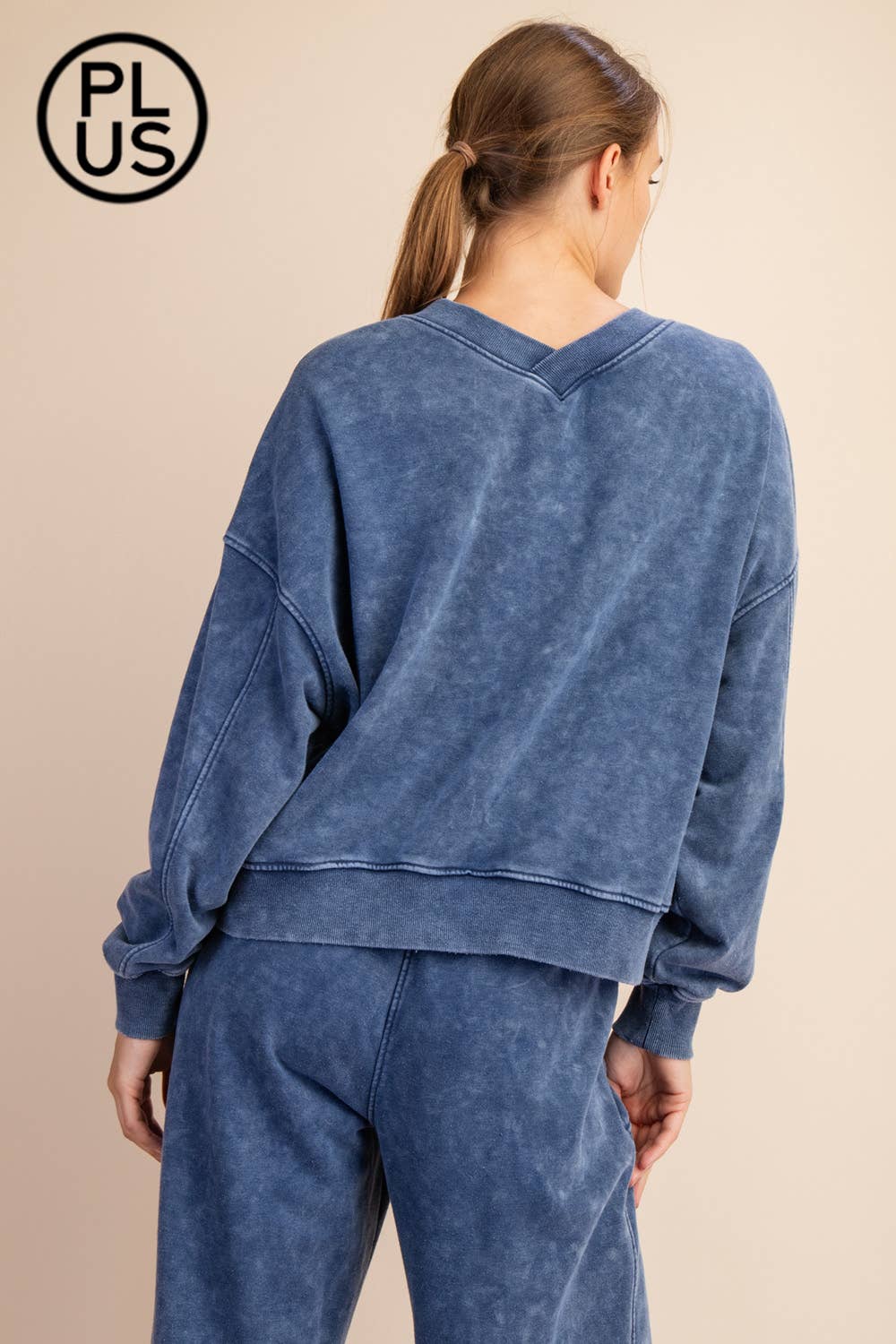 PLUS SIZE MINERAL WASHED FRENCH TERRY V-NECK PULLOVER Rae Mode