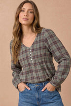 Haptics - Plus Crinkle Plaid Pin Tuck Buttoned Woven Blouse