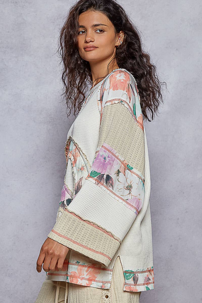 Pol Clothing - Round neck printed peace patch overlock stitch knit top