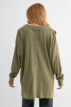 Cotton Blend Waffle Knit Oversized Collared Long Sleeve