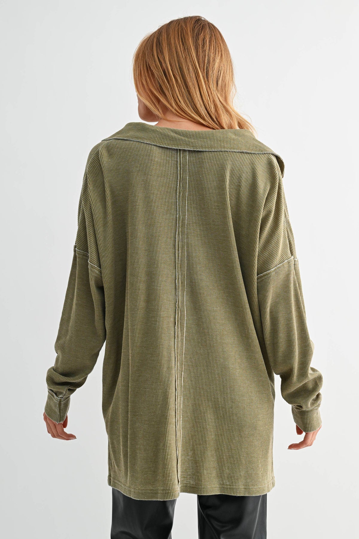 Cotton Blend Waffle Knit Oversized Collared Long Sleeve