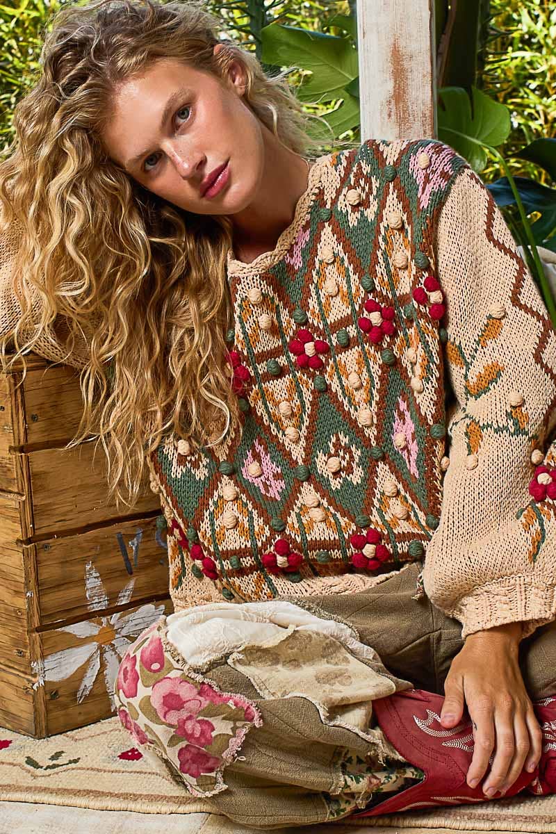 Pol Clothing - Scoop neck Aztec pattern 3D floral detail sweater top