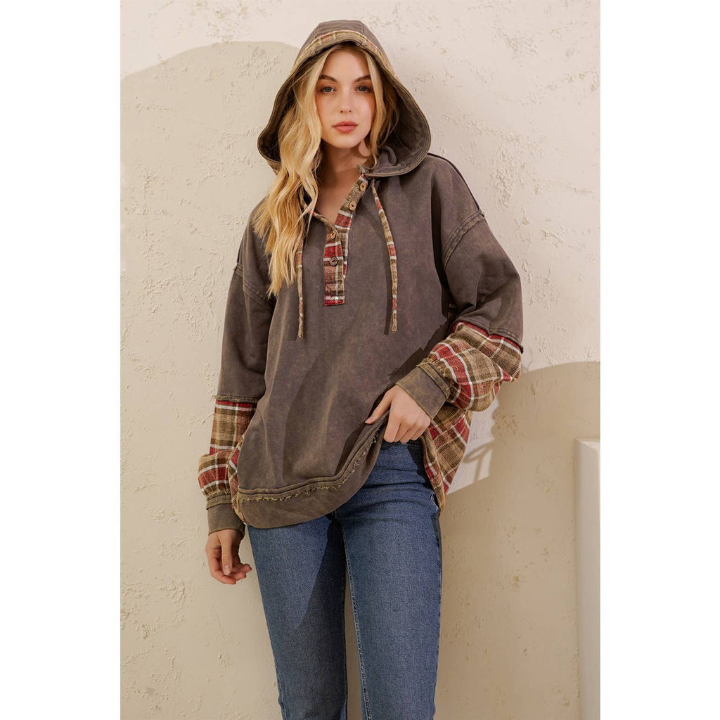 Sage + Fig - VINTAGE PLAID MIXED-MEDIA HOODIE PULLOVER