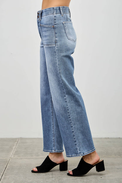 HIGH RISE CROP STRAIGHT WITH DOUBLE BUTTON SAIGE DENIM