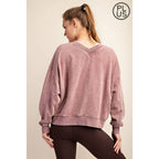 PLUS SIZE MINERAL WASHED FRENCH TERRY V-NECK PULLOVER Rae Mode