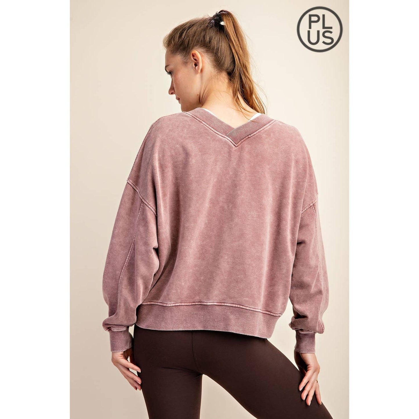 PLUS SIZE MINERAL WASHED FRENCH TERRY V-NECK PULLOVER Rae Mode