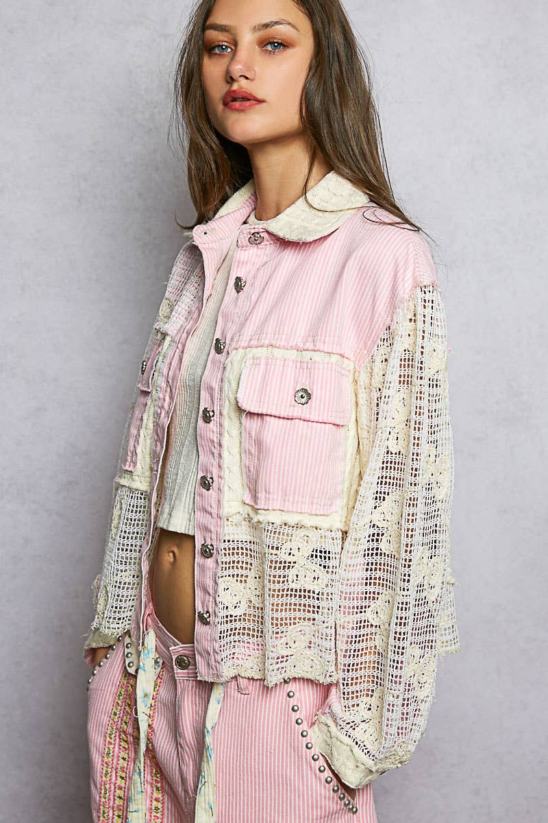 Pol Clothing - Cable Knit Lace Patchwork Woven Long Sleeve Shirt Top