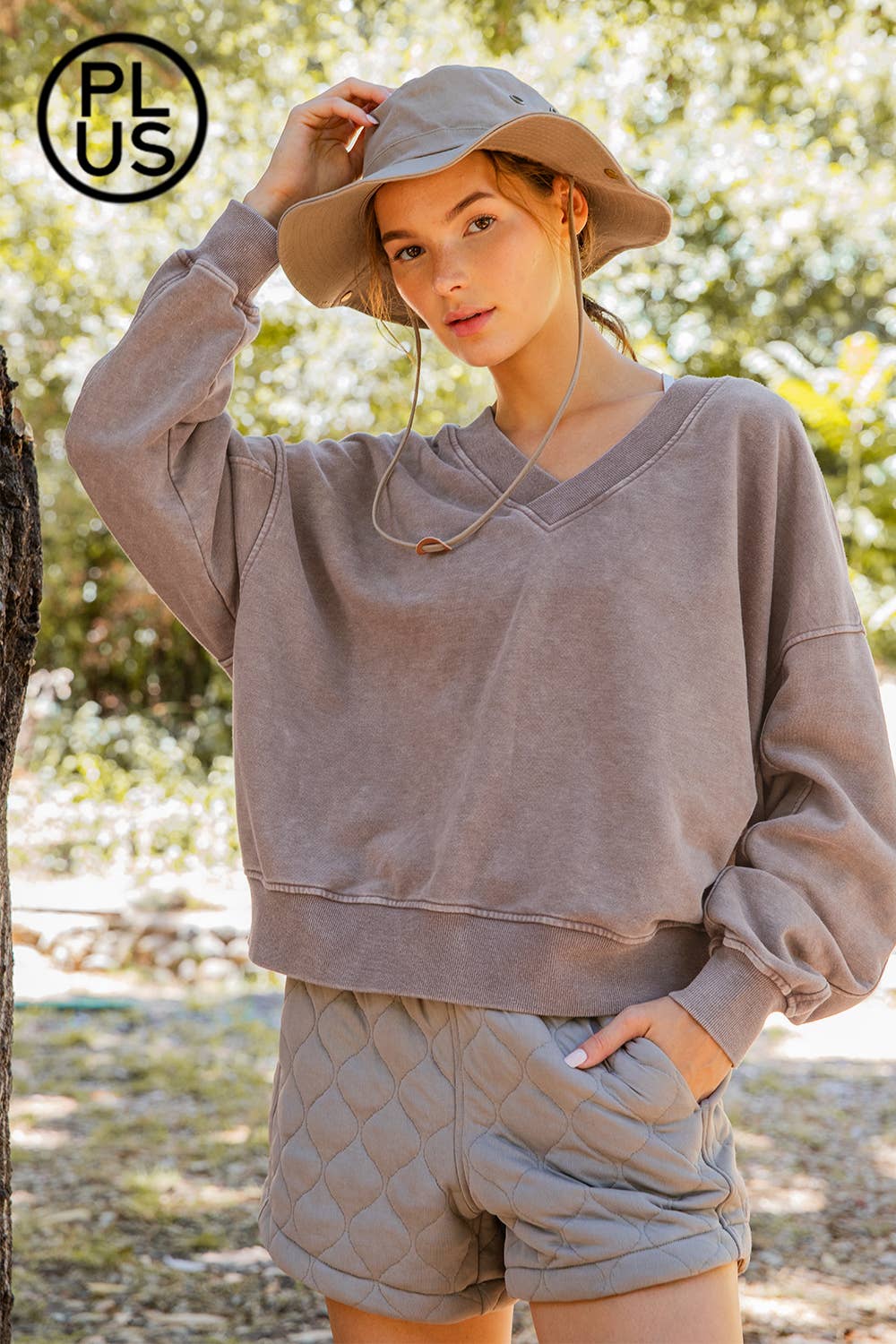 PLUS SIZE MINERAL WASHED FRENCH TERRY V-NECK PULLOVER Rae Mode