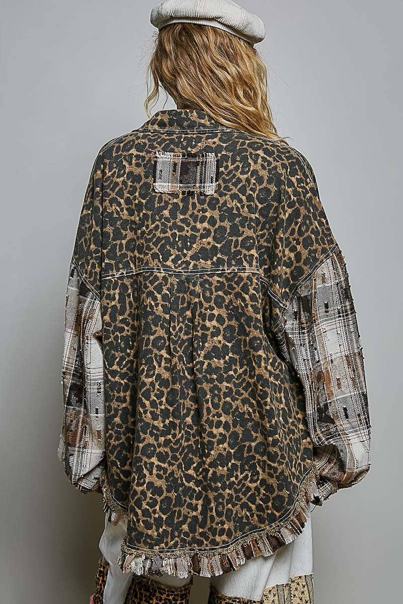 Pol Clothing - Allover Print Pattern Raw-Edge Fringe Trim Shirt Jacket