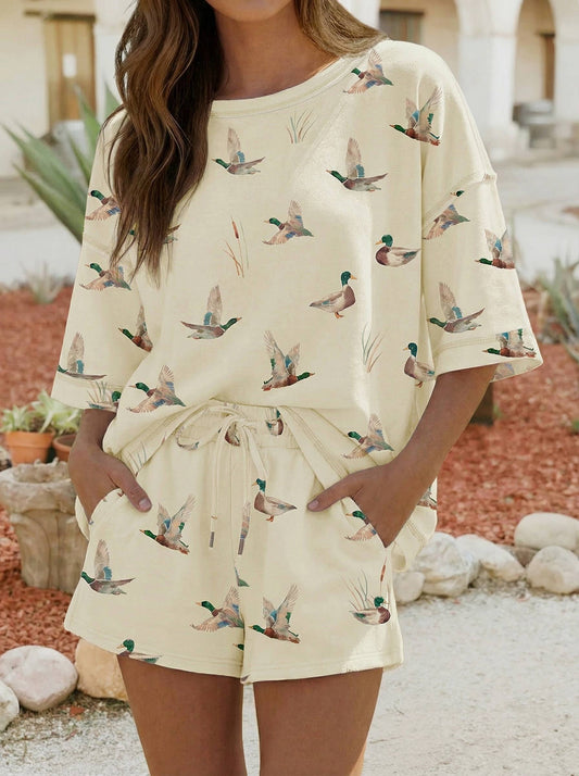 Mallard Duck Print Oversized Tee Drawstring Short Set