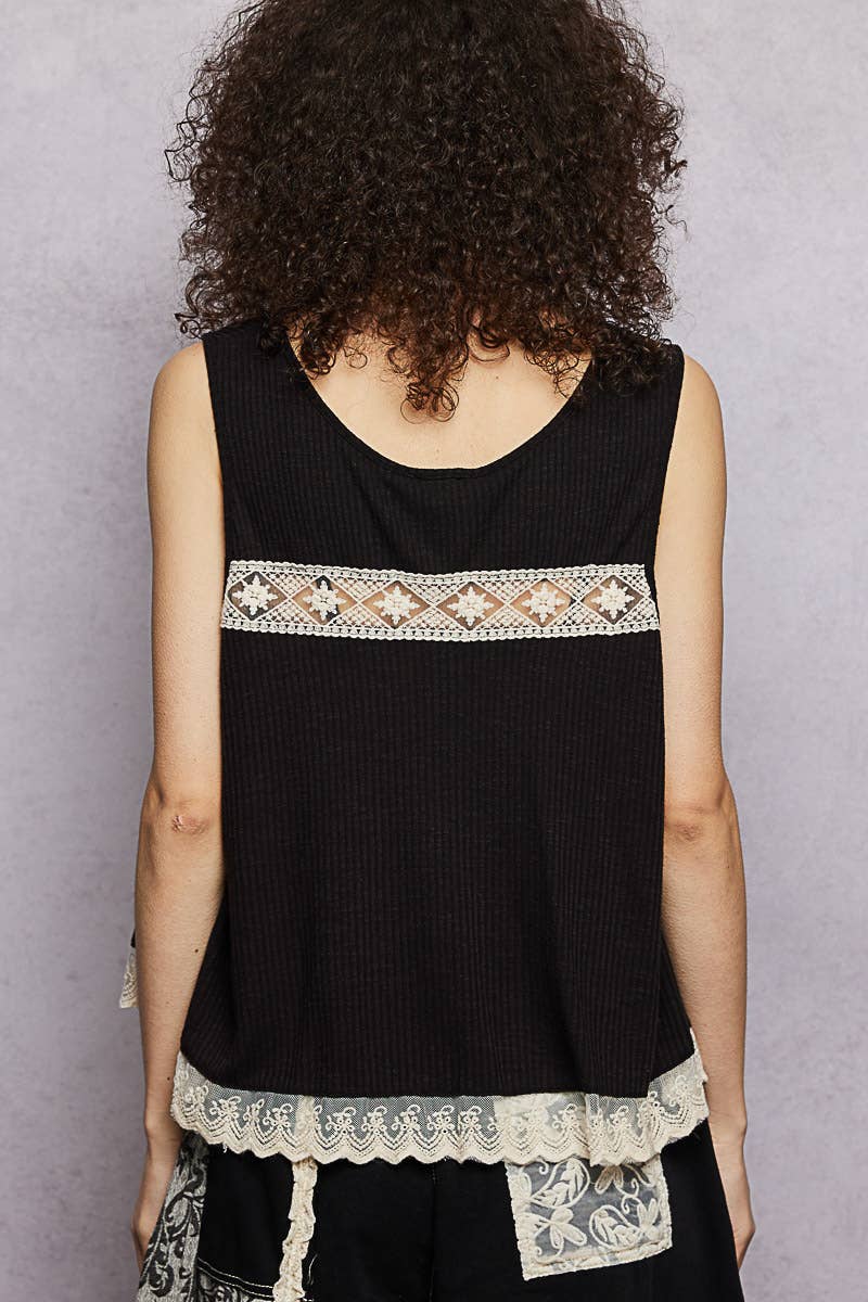 Pol Clothing - Metal Button Down Lace Trim Ruffle Round Neck Sleeveless