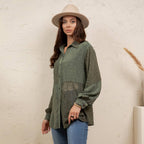 Young Threads - Vintage Washed Lace Patchwork Long Sleeve Shacket NEW