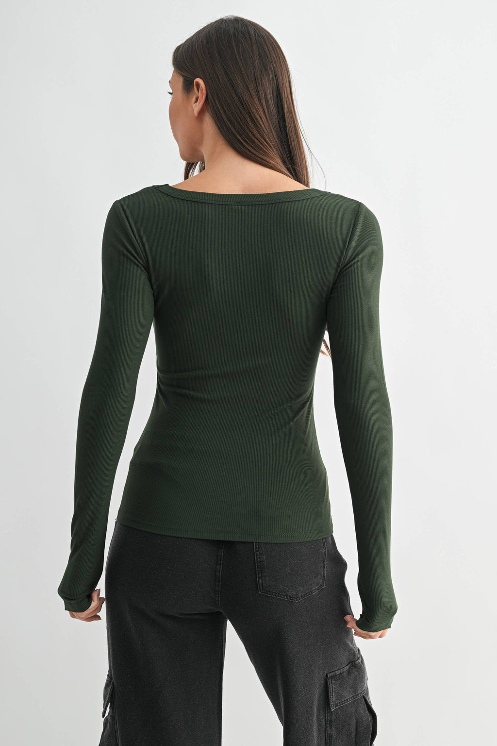 Scoop Neck Micro-Ribbed Long Sleeve Top Mono B