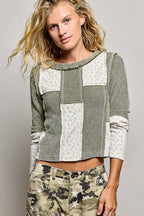 Pol Clothing - Waffle Knit Contrast Patchwork Top