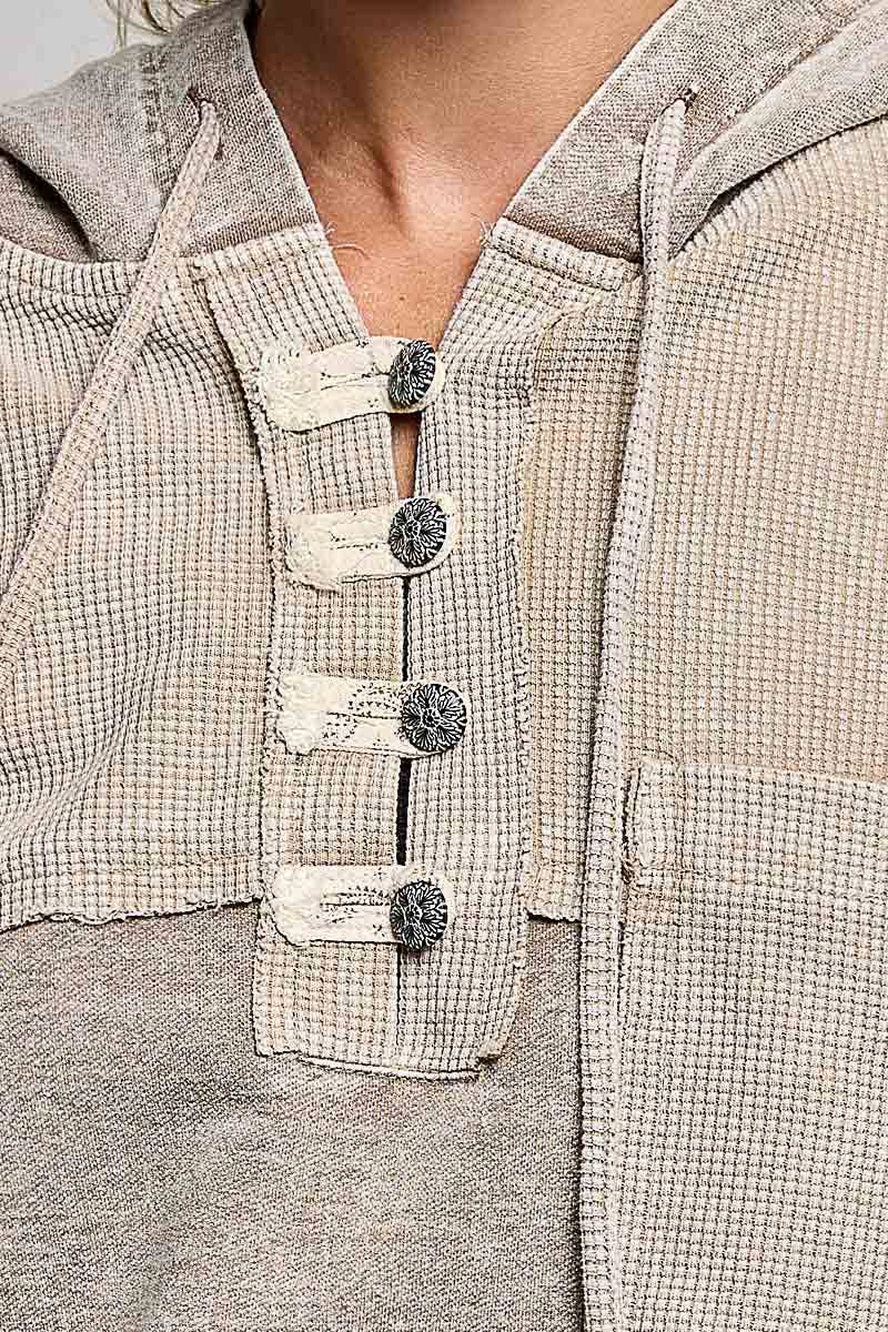 Pol Clothing - Mixed-Texture Patchwork Henley Button Patch Hoodie