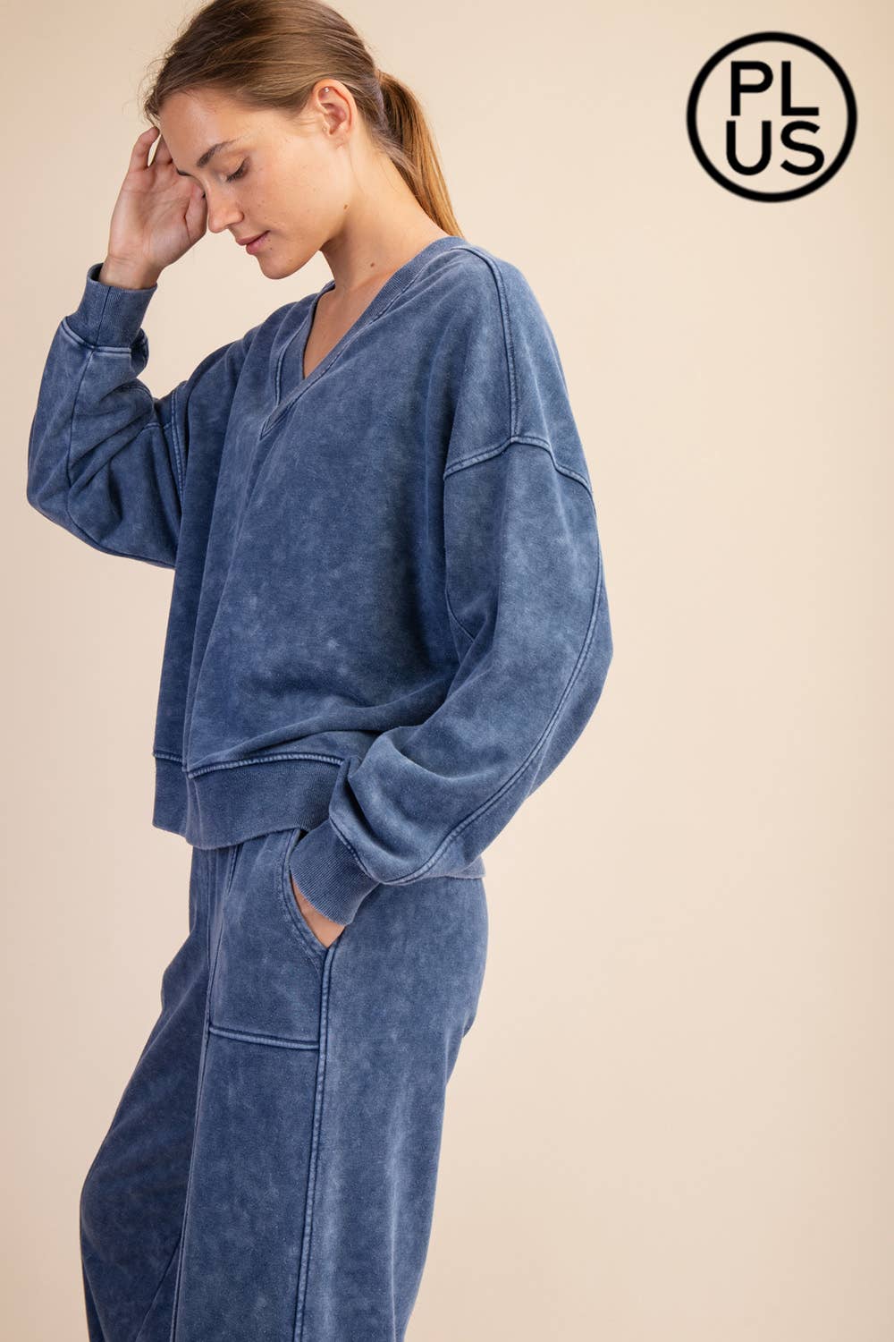 PLUS SIZE MINERAL WASHED FRENCH TERRY V-NECK PULLOVER Rae Mode