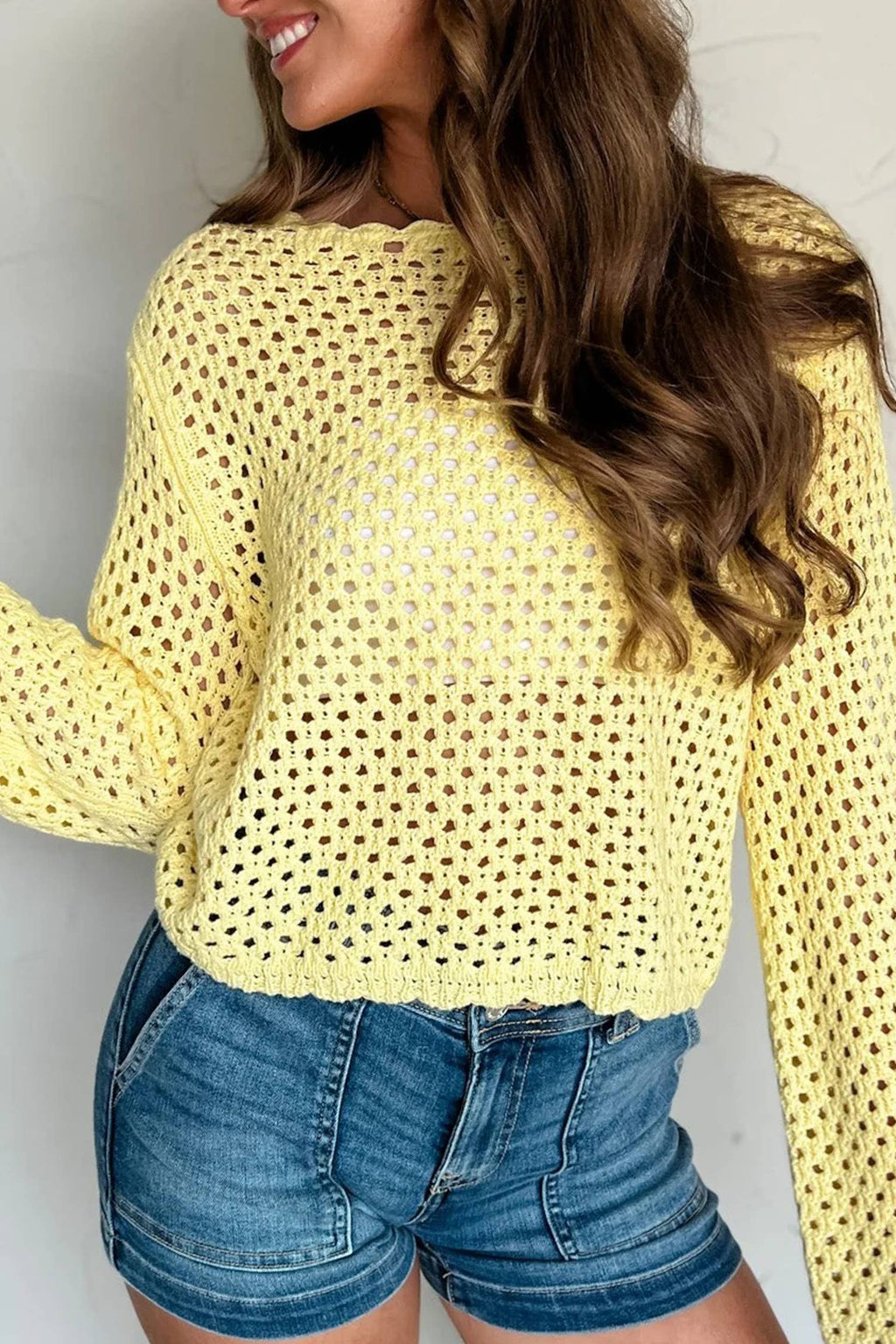 Summer 2026 Scalloped Trim Hollow Out Knit Long Sleeve Top