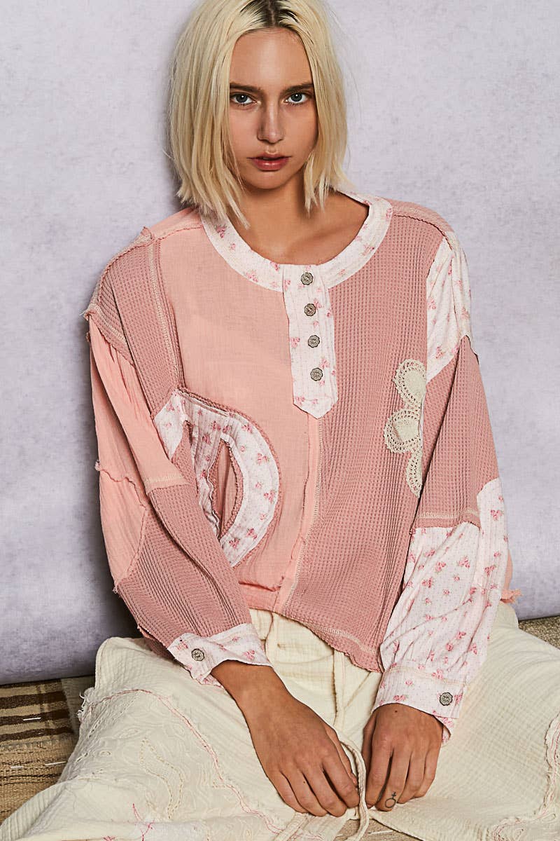 Pol Clothing - Round neck peace patch floral oversized fit knit top