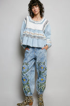 Pol Clothing - Embroidery Lace Contrast Square Neck Long Sleeve top