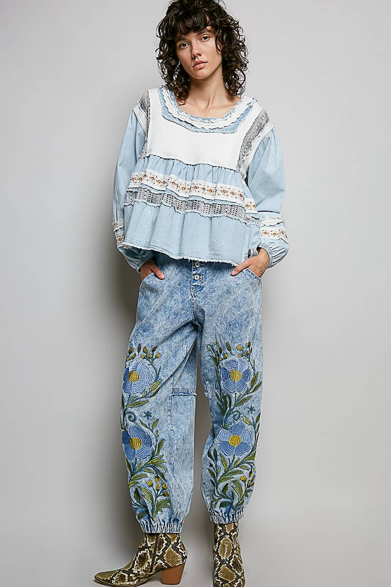 Pol Clothing - Embroidery Lace Contrast Square Neck Long Sleeve top