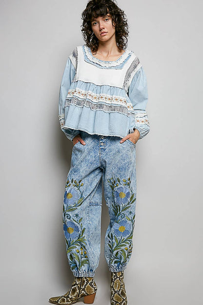 Pol Clothing - Embroidery Lace Contrast Square Neck Long Sleeve top
