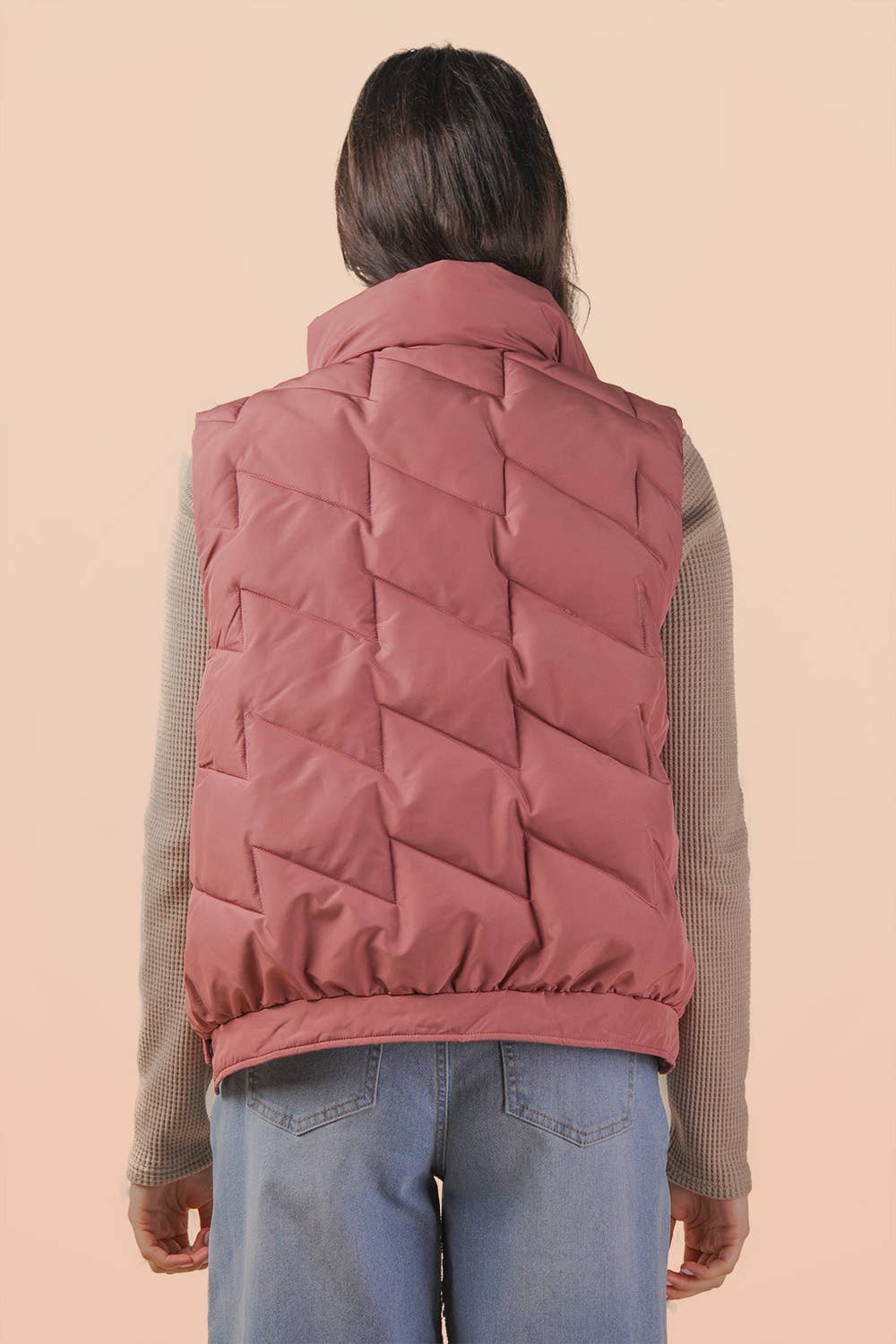 Bermie Mock Neck Casual Zigzag Quilted Puffer Vest
