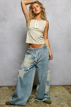 Pol Clothing - Round Neck Sleeveless Ribbed Floral Printed Knit Top