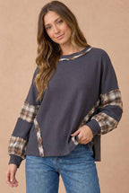 Haptics - Oversized Plaid Contrast Thermal Knit Top