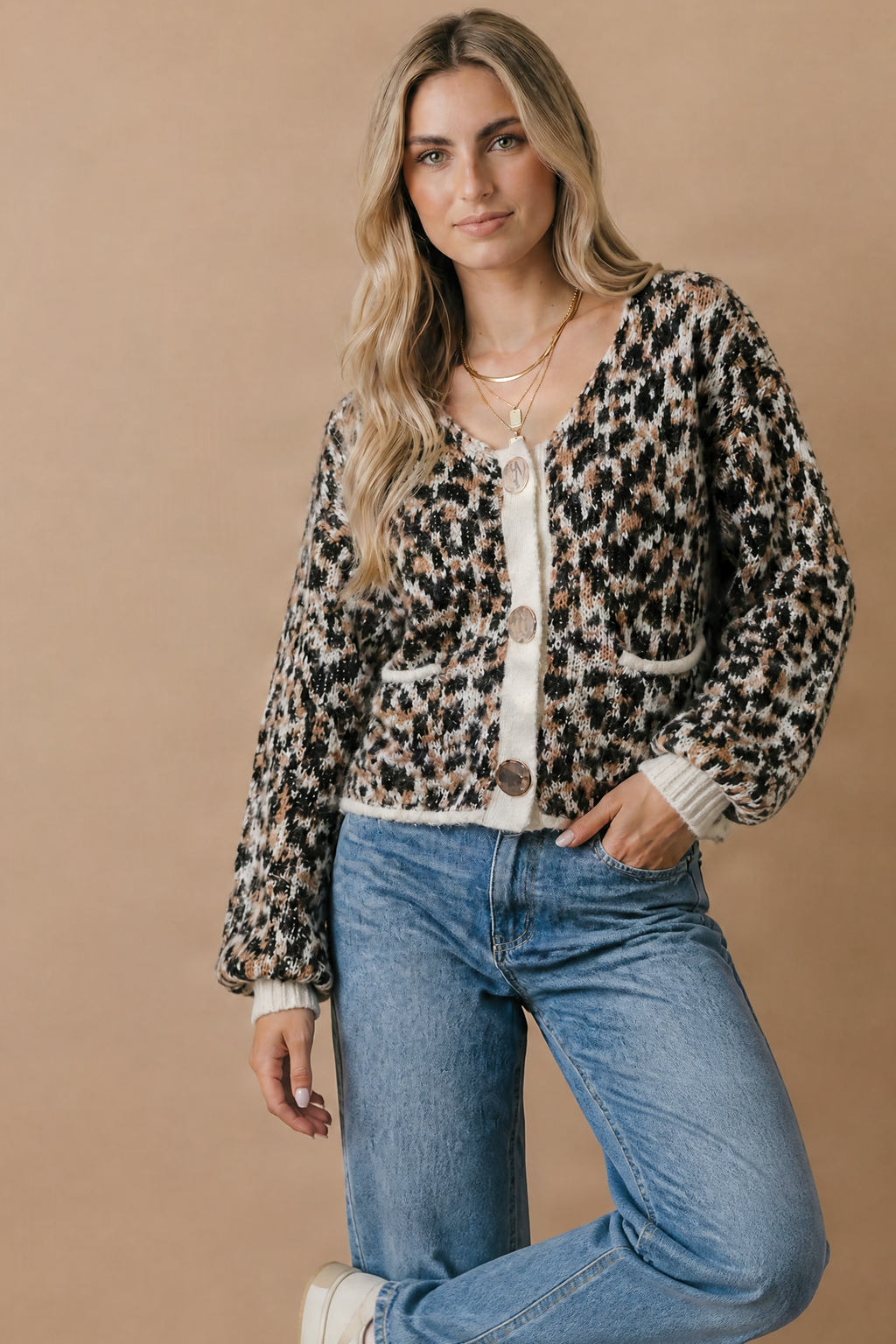 Haptics - Scoop Neck Leopard Gold Buttons Cardigan