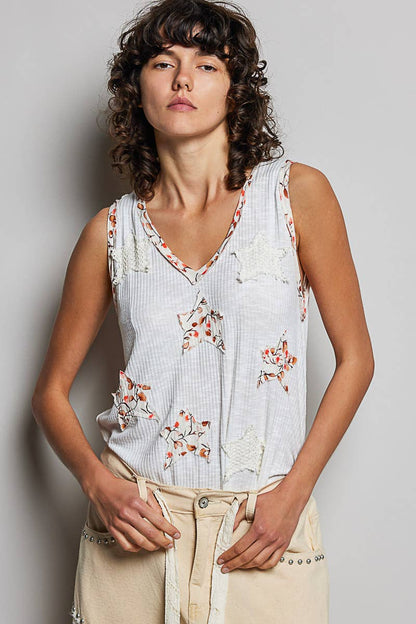 Pol Clothing - Boho Floral Star Patch Rib Sleeveless Top