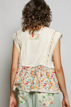 Pol Clothing - V-neck Floral Pattern Trim Ruffle Rib Knitted Sleeveless Top