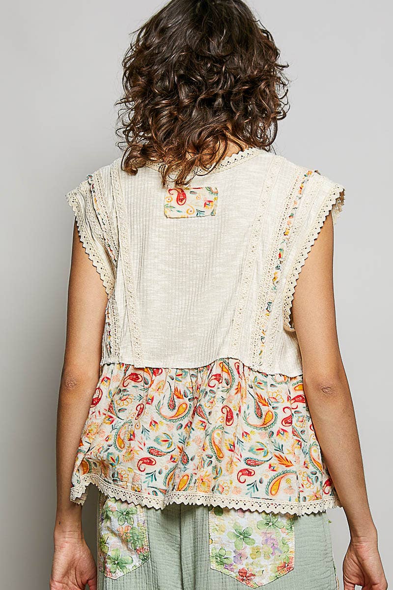 Pol Clothing - V-neck Floral Pattern Trim Ruffle Rib Knitted Sleeveless Top