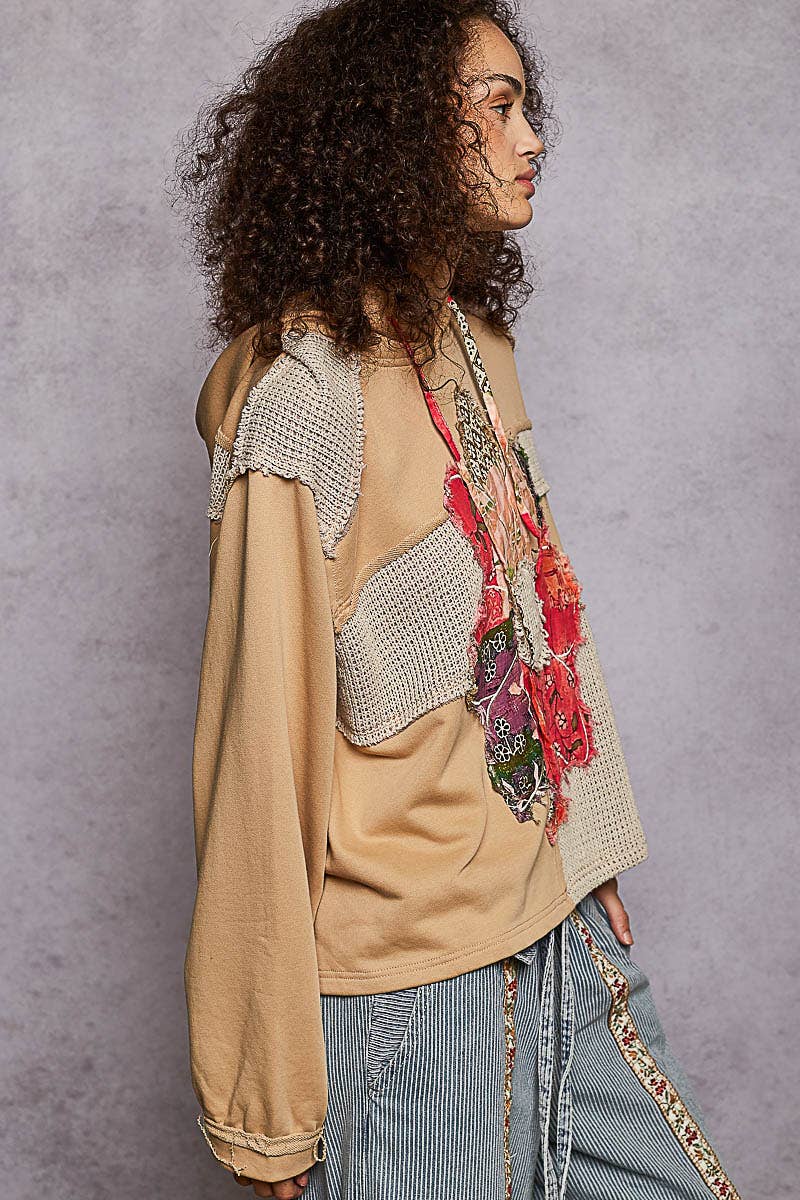 Pol Clothing - Long sleeve French terry printed flower patch knit top