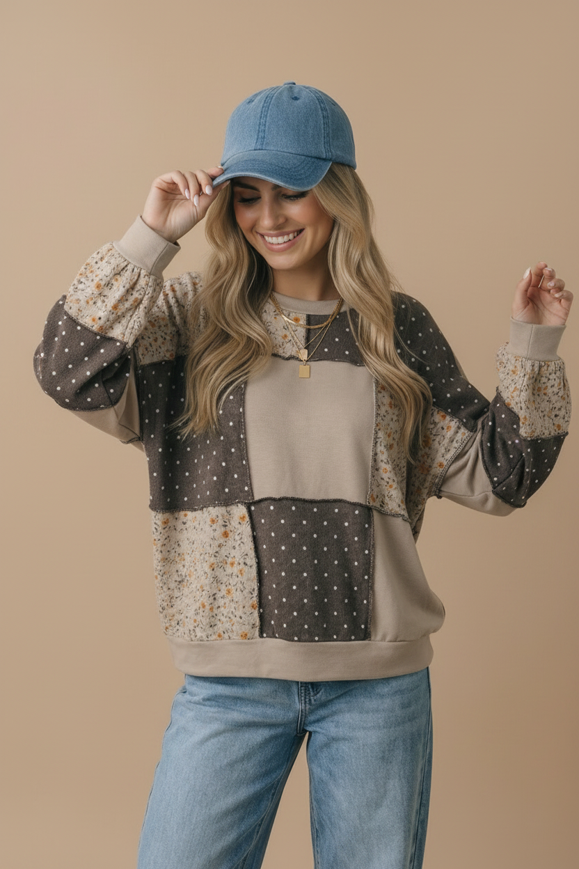 Haptics - Round Neck Mixed Print Patchwork Pullover