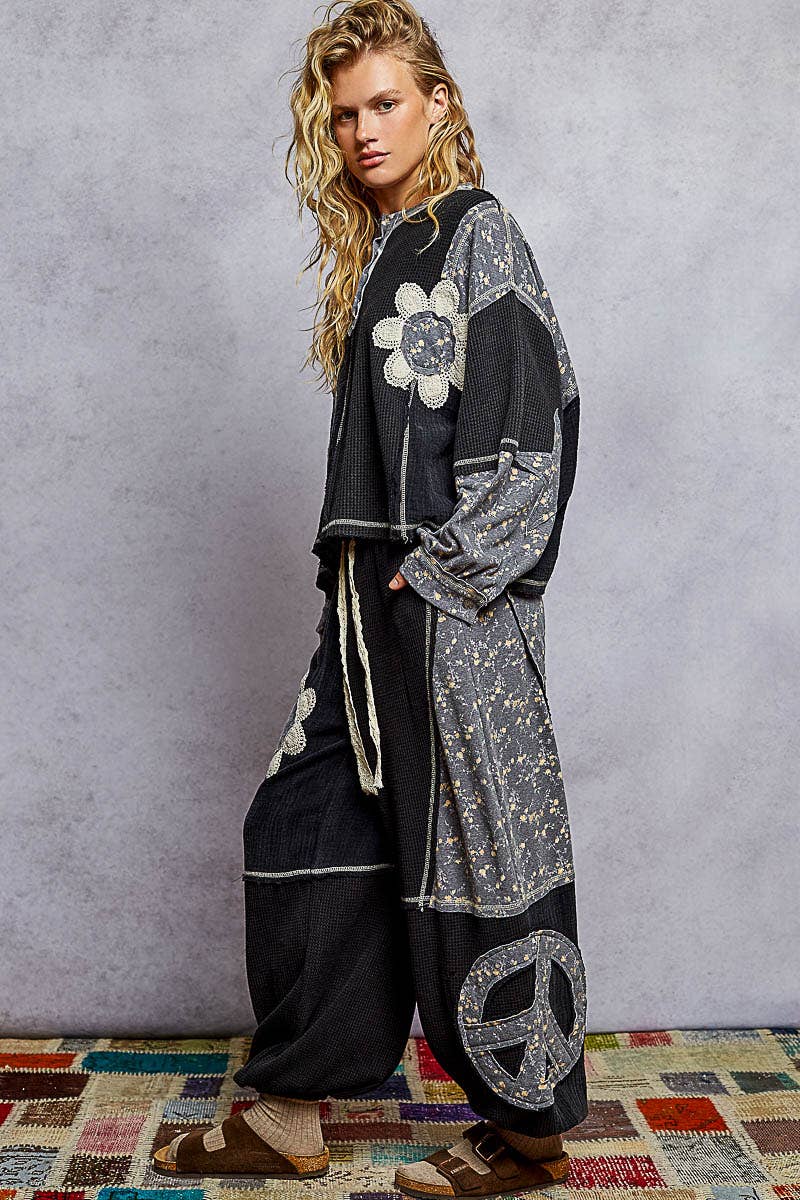 Pol Clothing - Round neck peace patch floral oversized fit knit top