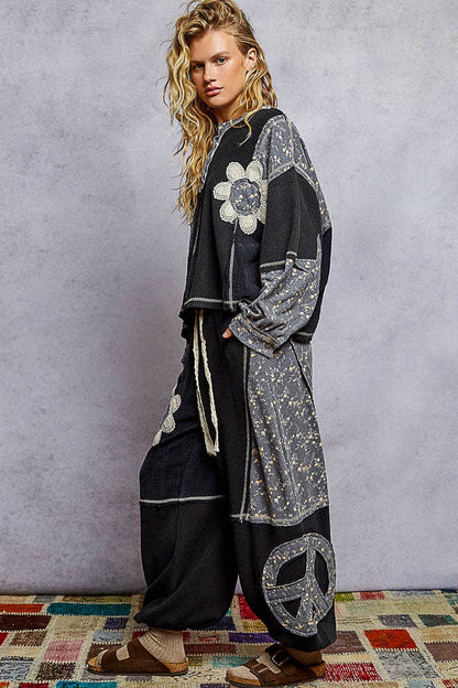 Pol Clothing - Round neck peace patch floral oversized fit knit top