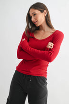Scoop Neck Micro-Ribbed Long Sleeve Top Mono B