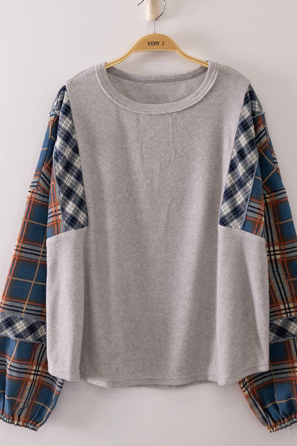 Havanah Contrast Plaid Sleeve Top
