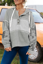Fashion Waffle Print Patch Drawstring Hooded Long Sleeve Top