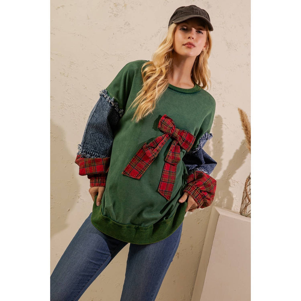 Sage + Fig - PLAID BOW DENIM SLEEVE PULLOVER (ST8117)