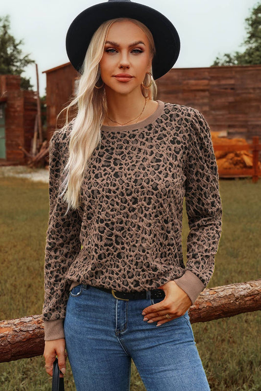 Ribbed Trim Leopard Print Long Sleeve Top